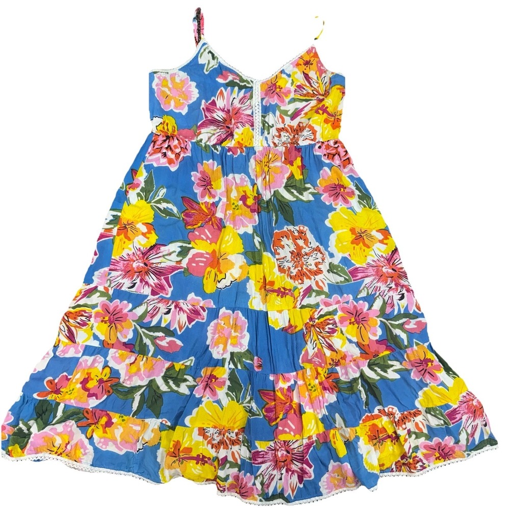 South Main Floral Tiered Midi Sundress Blue Cotton Boho Spaghetti Strap L summer